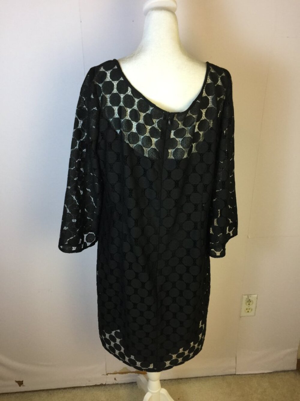 Muse Shift Dress Size 14 Womans Black Polka Dot Lace 3/4 Flared Sleeve Lined - Picture 4 of 13